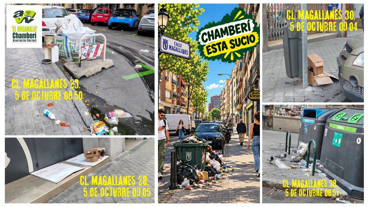 ElOrganillo's tweet photo. El "plan de paisajismo urbano" en la Calle Magallanes hoy, 5 de octubre: esculturas de cartón y alfombras de residuos orgánicos en los números 23, 28, 30 y 38. 🎨🗑️
Una propuesta estética vanguardista que nadie pidió. 

¡Queremos un Chamberí limpio!

Cc:@MADRID
#ChamberiEstaSucio https://t.co/Ixp7cIrILd