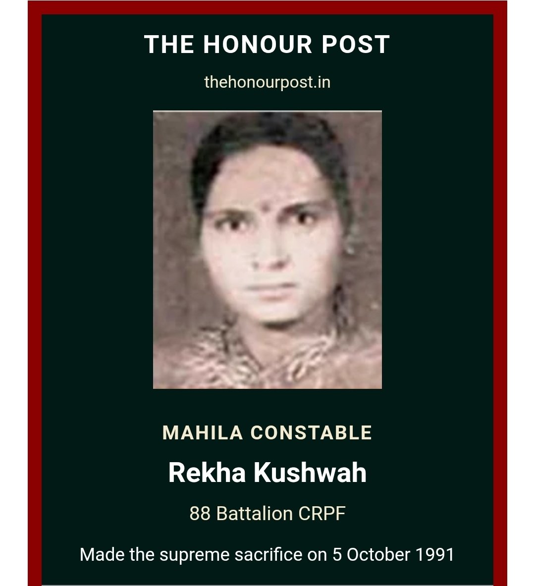 Thehonourpost's tweet photo. #Thisday
In 1991
Constable/Mahila Rekha Kushwah made the supreme sacrifice in the line of duty on 5 October 1991 at Srinagar, Jammu &amp; Kashmir.

Her service and sacrifice will always be remembered.

#TheHonourPost

https://t.co/jyv0aPy7Ra https://t.co/zc3lz7b0ut