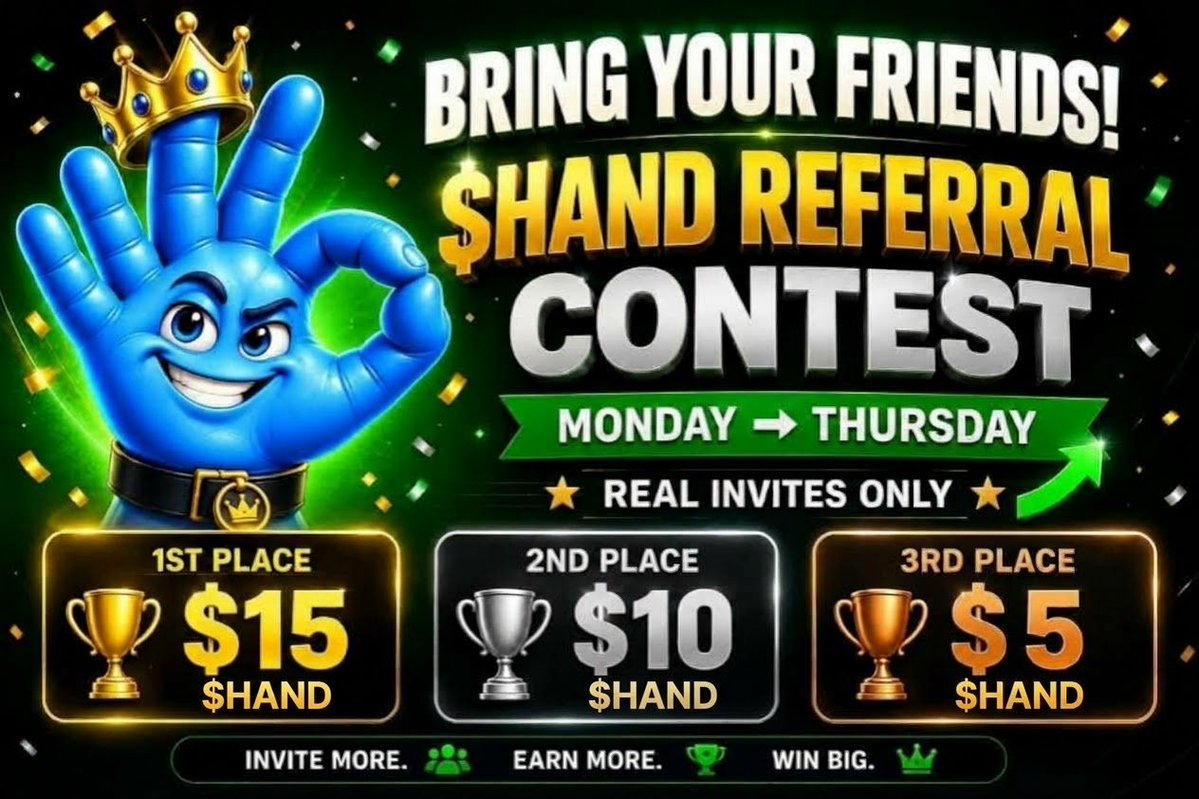 valtrixvault's tweet photo. 🚨 $HAND INVITE CONTEST IS LIVE! 🖐️

Invite your friends, bring them into the community, and climb the leaderboard 🏆

The more you invite, the better your chances 👀

Join now and start inviting! 🔥

#HAND https://t.co/h5cb7mslXA