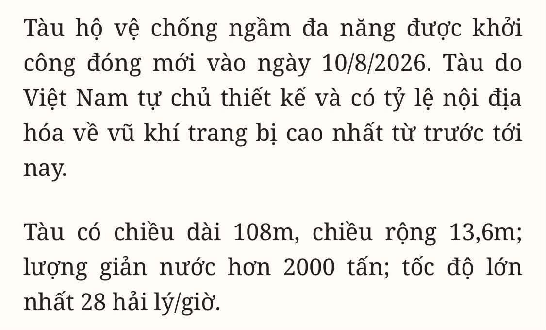 Nkahhtqs's tweet photo. Congratulations to our beloved shipyard Sông Thu on the keel-laying ceremony of Vietnam's first Multirole Anti-submarine Frigate, just less than 2 months after its steel-cutting ceremony.
Meanwhile the Vietnamese Navy confirms that the B-frigate will have a length of 108m, a beam of 13.6m, with a displacement sitting in the 2000+ tons class, and a maximum speed of 28 knots.
While it was somewhat a disappointment that it is no 4000 tons class, the ship is still expected to be a very capable platform, with a very high level of domestic weapons to be provided by Viettel and Vietnam Defence Industry, including guided missiles and integrated combat systems.
#Nka