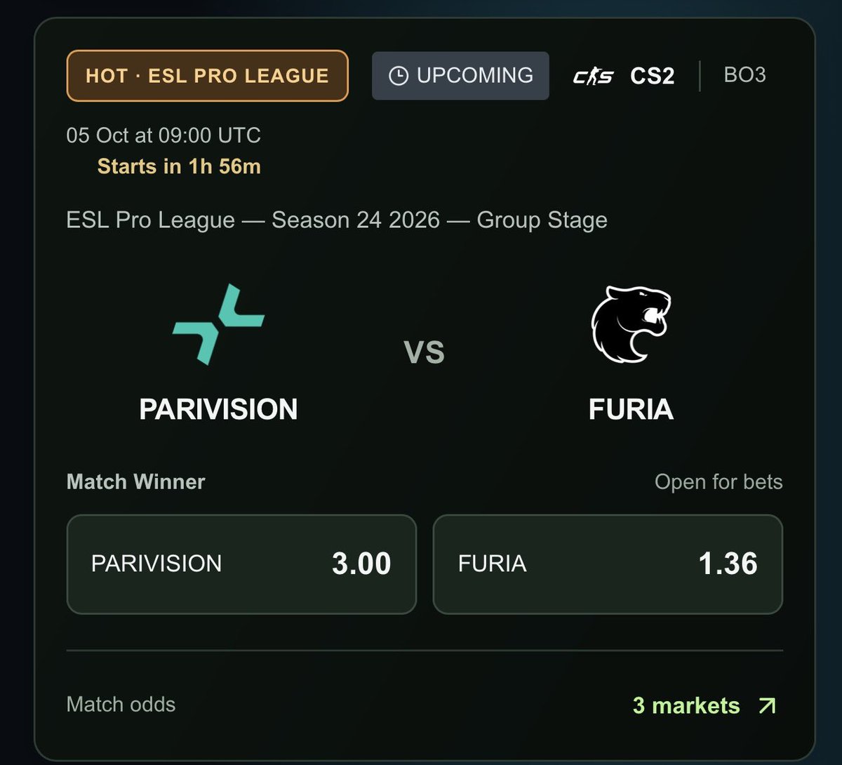 PlantPrediction's tweet photo. 🔥 TODAY’S MATCH - CS2
PARIVISION 🆚 FURIA
One of today’s biggest ESL Pro League matchups.

🇷🇺 PARIVISION — 3.00x 🇧🇷 FURIA — 1.60x

Who are you backing?

🎯 Place your prediction and watch the match live.

Predict > https://t.co/IKYxM1UWw4

CA: 8mzcN1wbYJ3ZyBsmvrfTdy5k77nc7CBxXx4yuxrgWCve