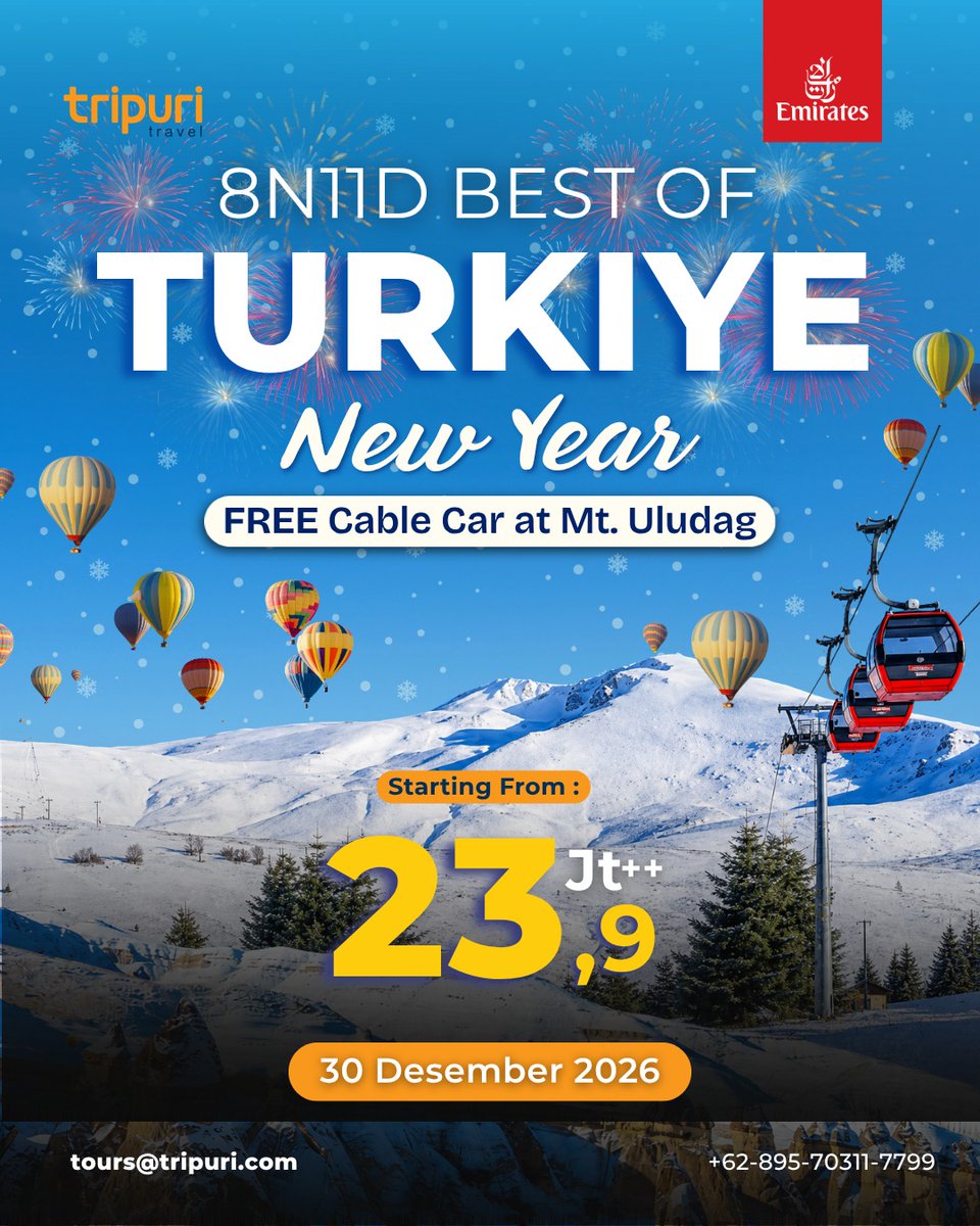 MatheusSLB's tweet photo. Tahun Baru 2026 di Turkiye! Jelajahi Istanbul, Cappadocia, Pamukkale, Ephesus, dan salju Mt. Uludag dalam paket 8N11D. Berangkat 30 Desember 2026 dengan Emirates. Mulai IDR 23. 999. 000/orang. Sisa 22 seat. https://t.co/tRq7FxQVl3