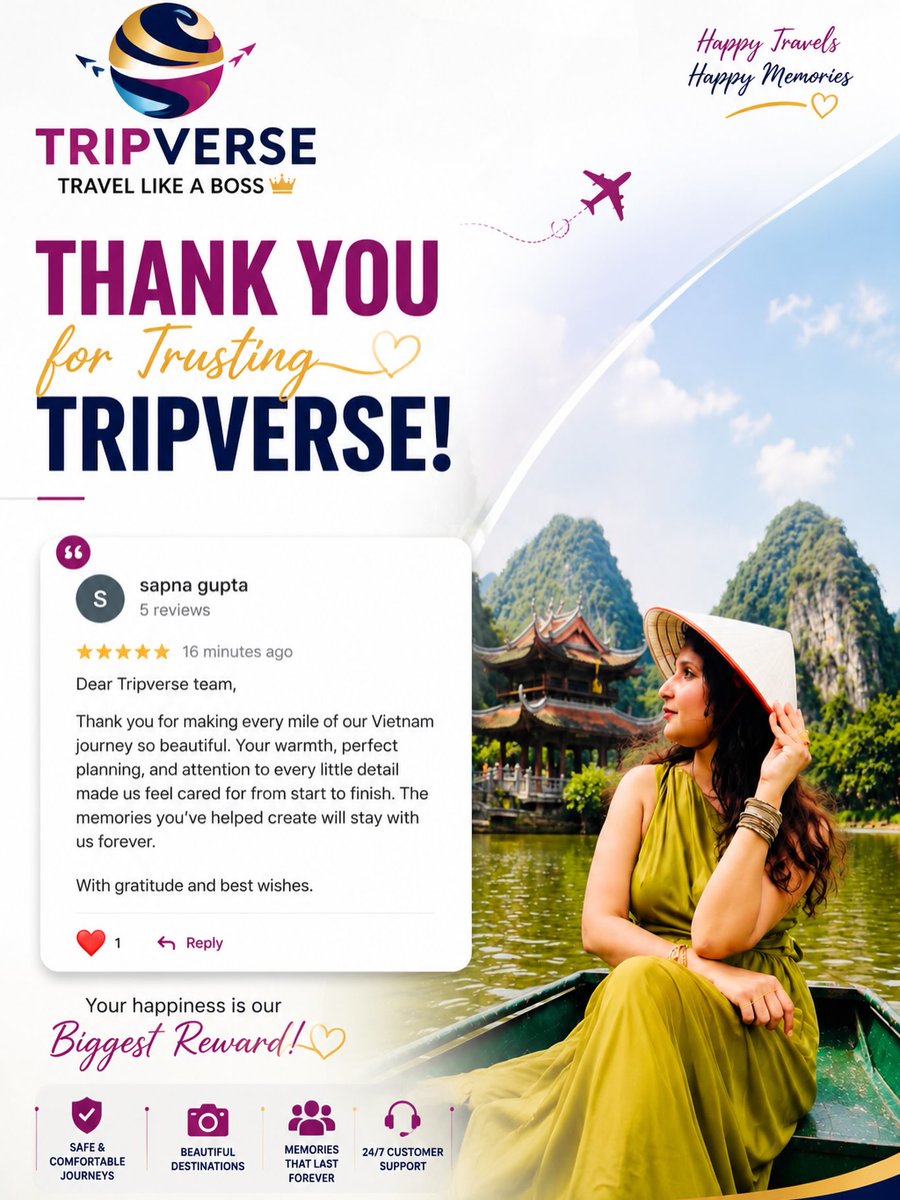 by_alexandr's tweet photo. Every journey becomes a story, and stories like yours inspire us. Thank you, Sapna Gupta &amp; Family, for trusting Tripverse with your Vietnam adventure. Here’s to more destinations, smiles, and unforgettable memories together. Travel with Tripverse. https://t.co/KMW2pQJWN0
