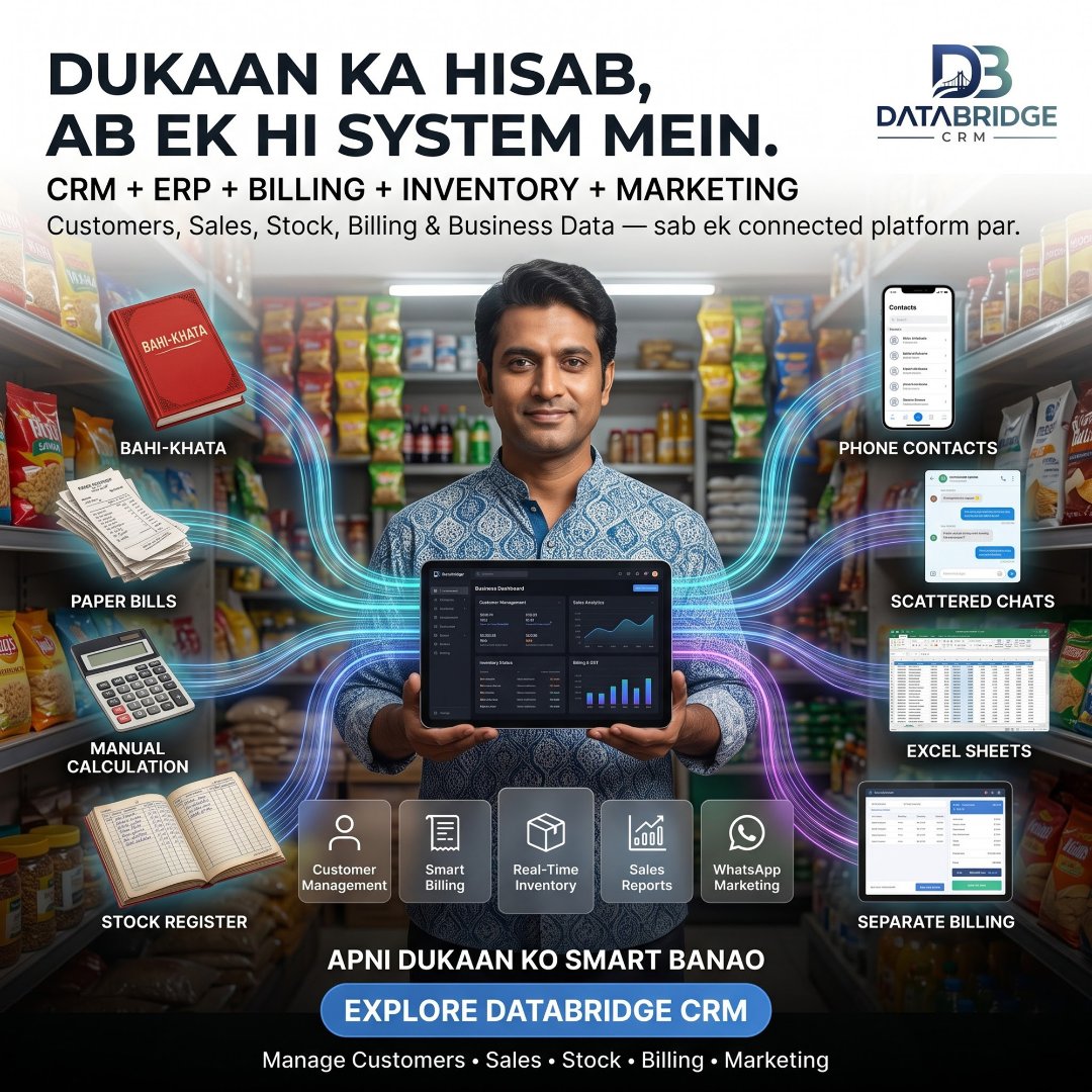 Databridge_crm's tweet photo. 🛍️ Dukaan ka hisaab, ab ek hi system mein!

CRM + ERP + Billing + Inventory + Marketing — sab ek platform par. 🚀

DataBridge CRM — Apni Dukaan Ko Smart Banao.

#DataBridgeCRM #CRM #BusinessManagement https://t.co/7RjtPLoO1m