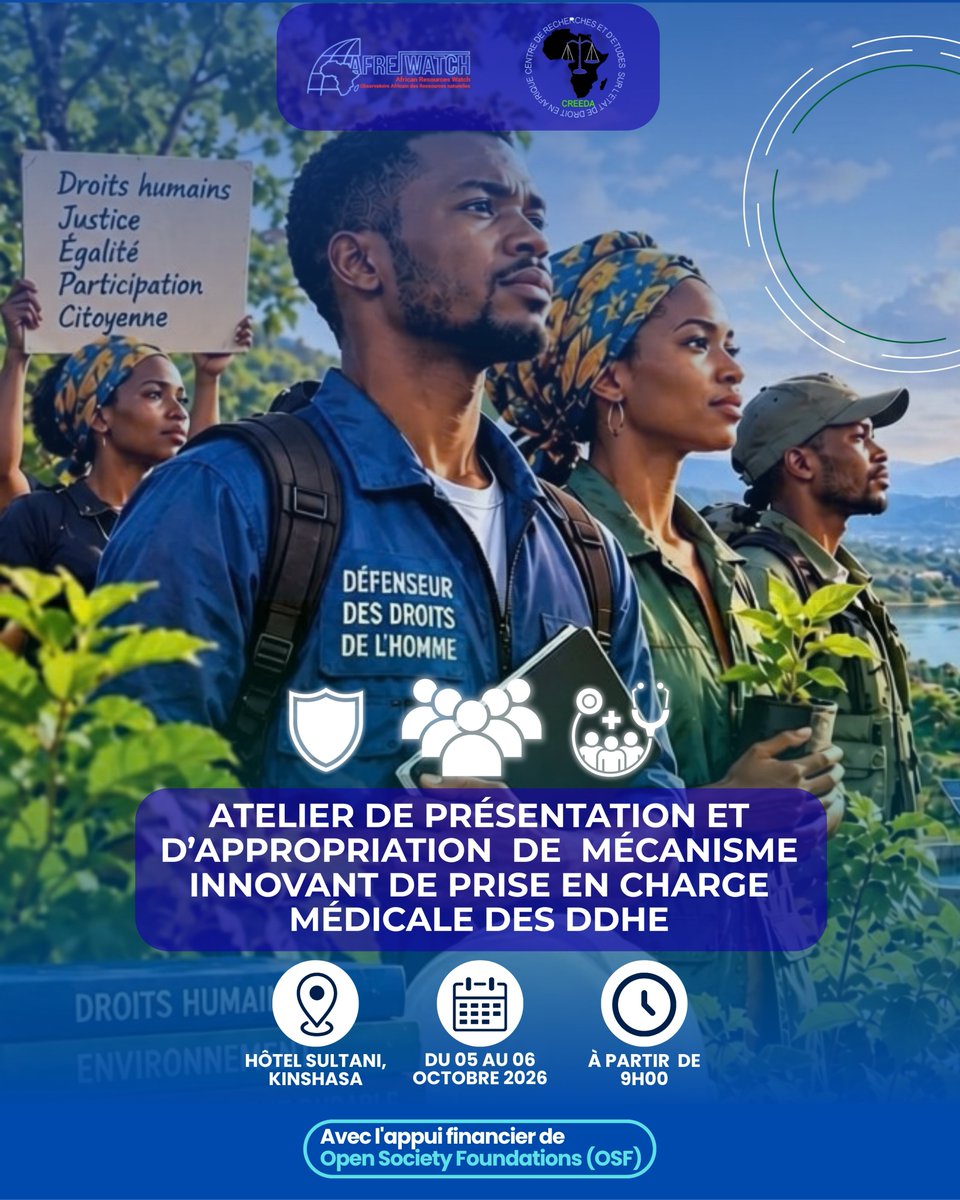 afrewatch's tweet photo. Les Défenseurs des Droits Humains et de l’Environnement (DDH) sont confrontés à de multiples défis liés à leurs engagements en faveur de la promotion et la protection des Droits Humains et de l’environnement en RDC, notamment les intimidations, les agressions, les arrestations, les assassinats et les maladies.

Cependant, les mécanismes de protection des DDHE existants ne couvrent que les risques ayant un lien direct avec leurs activités de défenseurs. Des vulnérabilités telles que les maladies non liées à leur travail ne sont pas prises en charge.

Pour combler ce vide, AFREWATCH et CREEDA ont développé un mécanisme innovant de prise en charge médicale complète des défenseurs des droits de l’homme et de l’environnement.

C’est dans ce cadre qu’ils organisent, du 5 au 6 octobre 2026 à Kinshasa, un atelier de présentation et d’appropriation de ce mécanisme.

Cet atelier poursuit trois objectifs majeurs :

- Présenter le mécanisme innovant de prise en charge médicale des DDHE ;
- Contribuer à l’amélioration du nouveau mécanisme par les participants ; et
- favoriser l’appropriation et l’adhésion des organisations des DDHE.