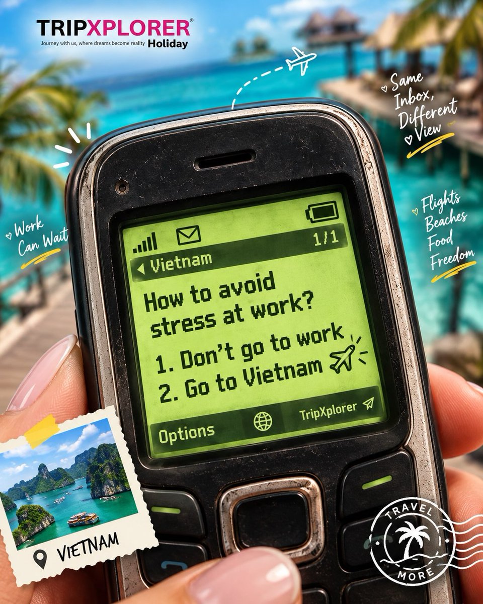 oil_jpv's tweet photo. How to avoid work stress? Step 1: Don’t go to work. Step 2: Go to Vietnam. Swap deadlines for Halong Bay cruises, vibrant cities, stunning beaches, and unforgettable adventures. Sometimes, the best escape is just a flight away. https://t.co/S5D4M740qy