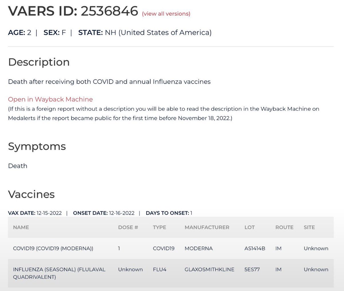 VacSafety's tweet photo. A 2 year old girl. Dead the day after a COVID shot and a flu shot.

A 12 year old boy. Cardiac arrest and death more than two months after his fifth COVID dose.

These are VAERS reports @MaryBowdenMD brought to light this week. Dr. Bowden did not invent these reports. She refused to scroll past them.

A schedule can survive a bad headline. A child cannot survive a dose that never should have been given.

Protect the children, or protect the schedule. This week the reports made those two things look different.