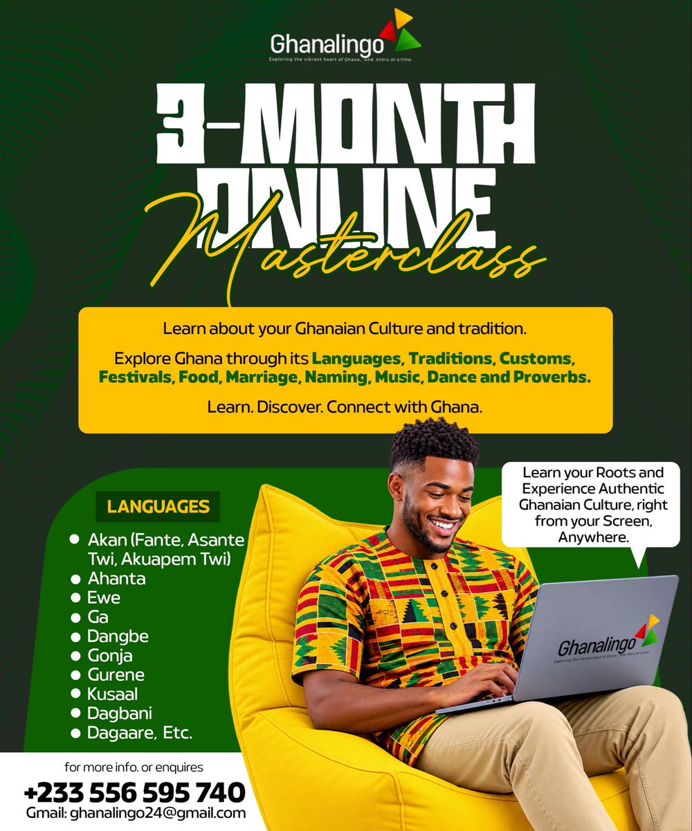 eben_offen's tweet photo. Join our 3-Month Online Ghanaian Culture Masterclass and explore Ghanaian languages, traditions, customs, festivals, food, marriage, naming, music, dance, proverbs and everything about your culture.

Send me a DM or
WhatsApp: +233 556 595 740 📧 ghanalingo24@gmail.com https://t.co/Kj0GulfIDA