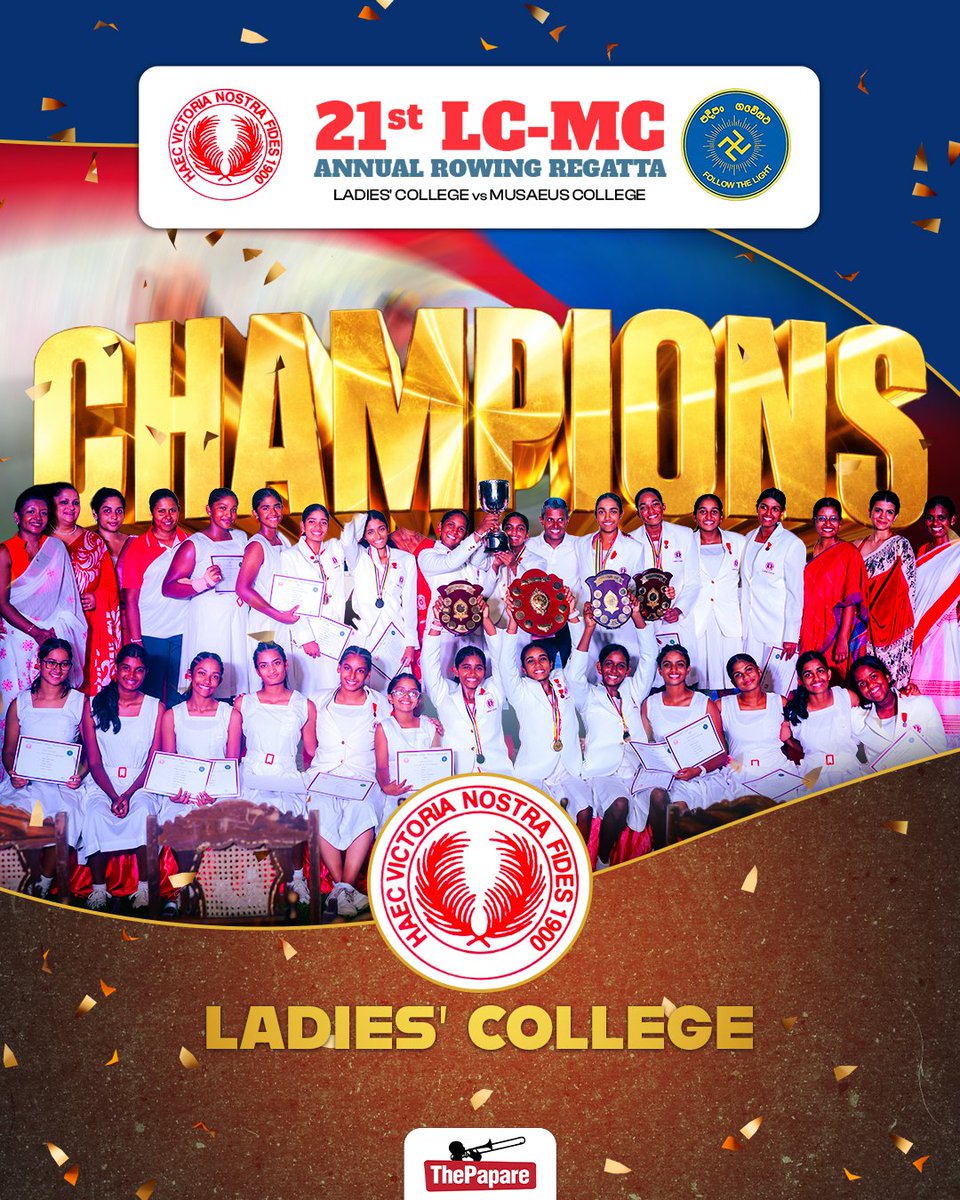 ThePapareSports's tweet photo. Champions crowned!
Ladies' College rows to glory to win the 21st LC-MC Annual Rowing Regatta! 🚣♀️🏆
#LCMC #LadiesCollege #ThePapare https://t.co/vAXixMjgbs