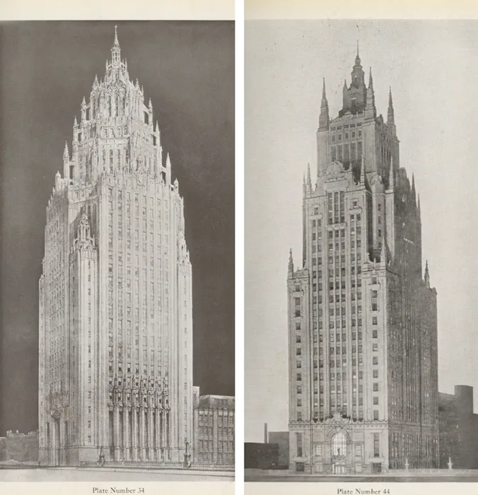 SpireDomePillar's tweet photo. Taken from the Chicago Tribune competition, 1922. The competition set out to design 'the most beautiful office building in the world' and received 263 entries from 23 countries. 

If these aren't depictions of already existing and now forgotten towers, it still raises the question of why people of that era always defaulted to this style when designing beauty - and why that connection has been lost entirely by our new world architects.