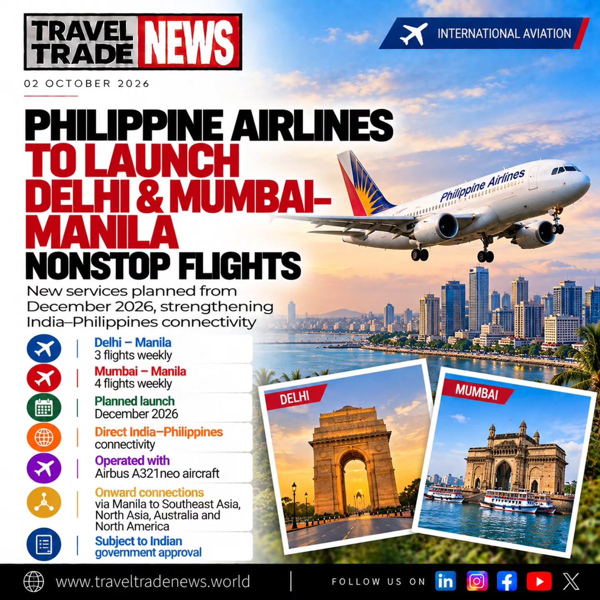 sarnc's tweet photo. Philippine Airlines plans nonstop Delhi–Manila and Mumbai–Manila flights from December 2026, pending approval. The new A321neo services could boost leisure, business and onward travel between India and the Philippines. https://t.co/OnefUvfcSh