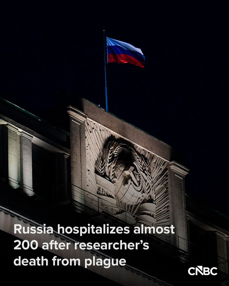 CNBC's tweet photo. Nearly 200 people have been placed under medical observation in Russia’s Irkutsk region in eastern Siberia over suspected exposure to plague, according to local media reports.

The report said 189 people were being monitored following the illness of an employee at an anti-plague research institute in Irkutsk. Alexei Tsydenov, head of the nearby Republic of Buryatia, said the woman had died from an unspecified form of plague: https://t.co/GaQwYg5m1U