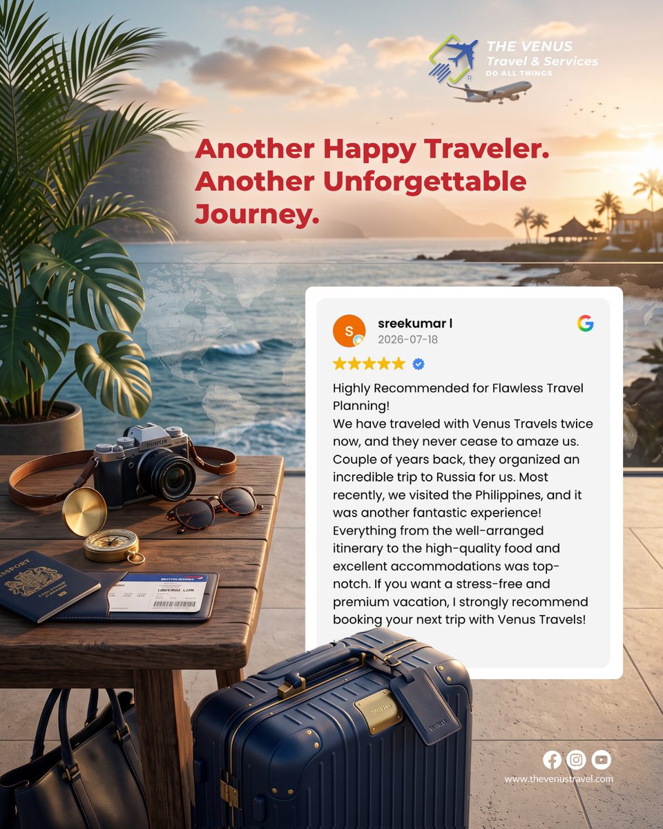 LeyLitahZam's tweet photo. Nothing makes us happier than creating unforgettable travel memories. Thank you, Sreekumar I., for trusting Venus Travel &amp; Services twice. Your journeys to Russia and the Philippines inspire us to keep delivering seamless, premium holidays. https://t.co/iCpnQconHJ