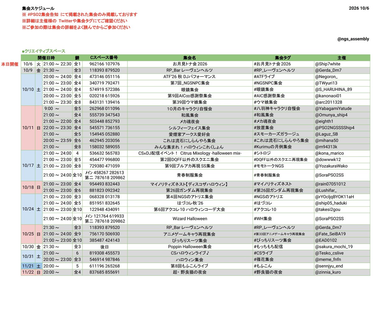 ngs_assembly's tweet photo. #PSO2集会告知 

【10/6更新】
PSO2集会告知タグに掲載されている集会予定一覧です

※ 全シクリスペでの開催は鯖名の併記をお願いします
※ 各集会の詳細はPSO2集会告知又は、各集会タグをご参照ください https://t.co/vPbY2C5y6n