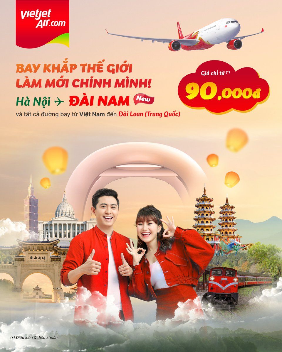 jayzy01's tweet photo. Thả ga làm mới mình, khám phá Đài Nam cùng Vietjet. Đường bay mới Hà Nội - Đài Nam, vé ưu đãi từ 90. 000đ. Khám phá chợ đêm, phố cổ, đền chùa và lễ hội pháo hoa Yanshui. Giá chưa gồm thuế phí. https://t.co/APu3ZJAFlF