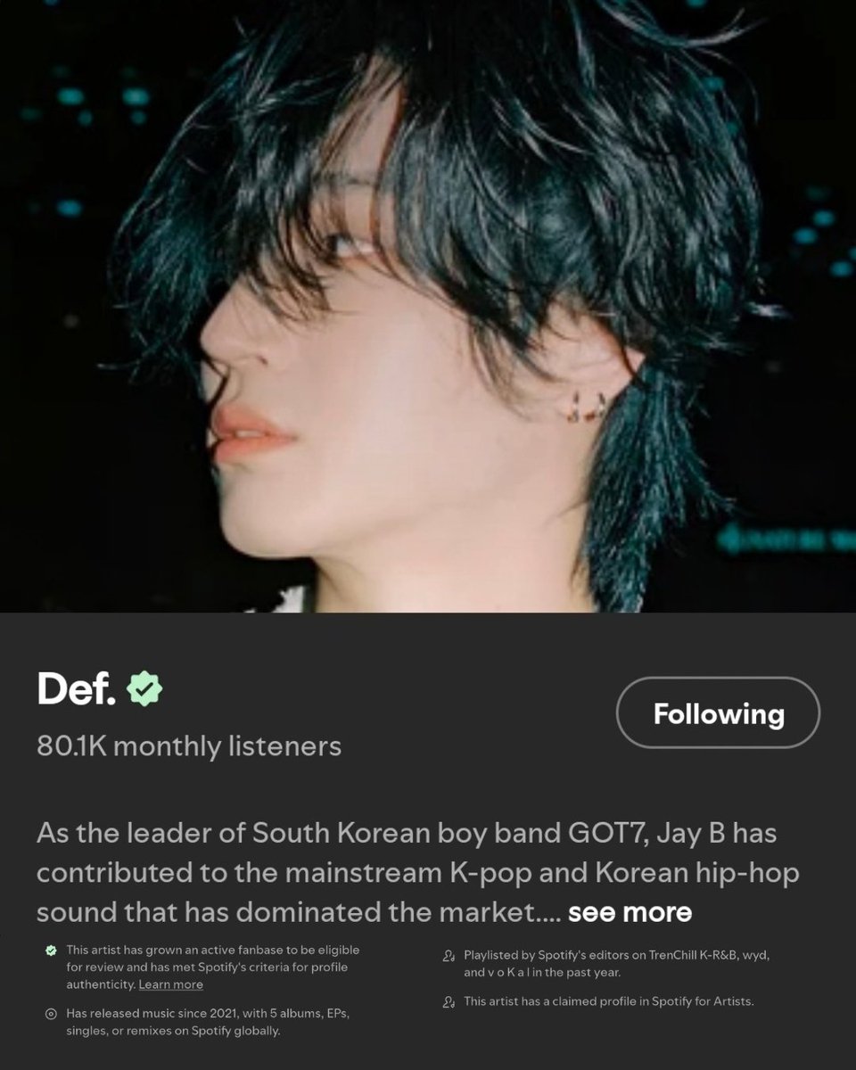 mydef_mysoul's tweet photo. 📁[Info] Spotify

Def. has officially received the Verified Artist badge on Spotify. His artist profile is now verified through Spotify for Artists. 🎧💙

@defjaybkr @528hzkr 
#Def. #JAYB #528hzkr https://t.co/kGdreLGSlA