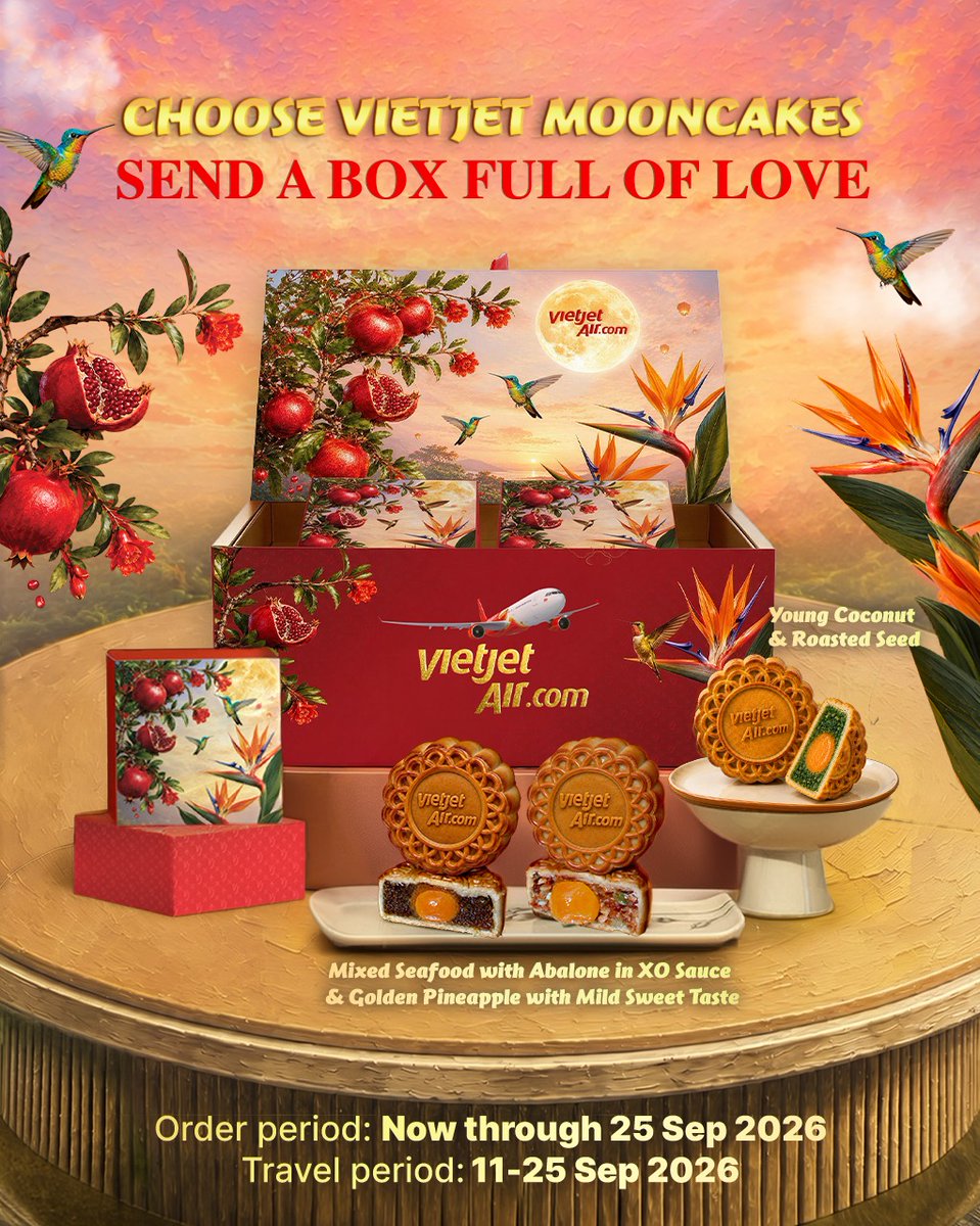 lantrinh3323's tweet photo. Rayakan Festival Kue Bulan di atas awan bersama Vietjet. Pesan kue bulan cantik untuk dibawa pulang atau dinikmati bersama orang tersayang. Tersedia untuk penerbangan dari/ke Ho Chi Minh City, 11–25 September 2026. https://t.co/zOCgr4wMjx