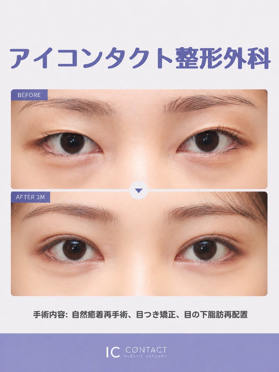 icontactjpps's tweet photo. 目再手術の症例写真👁✨
自然癒着再手術＋目つき矯正＋目の下脂肪再配置

二重ラインがはっきりと見えず写真を撮ると一重に見える目元からしっかりと二重が見えるように再度ラインを作り直して目を開ける力も改善。
目の下の凸凹も脂肪を再配置することで疲れて見える部分も改善🖤

#目再手術 https://t.co/fp2HoD3nhL