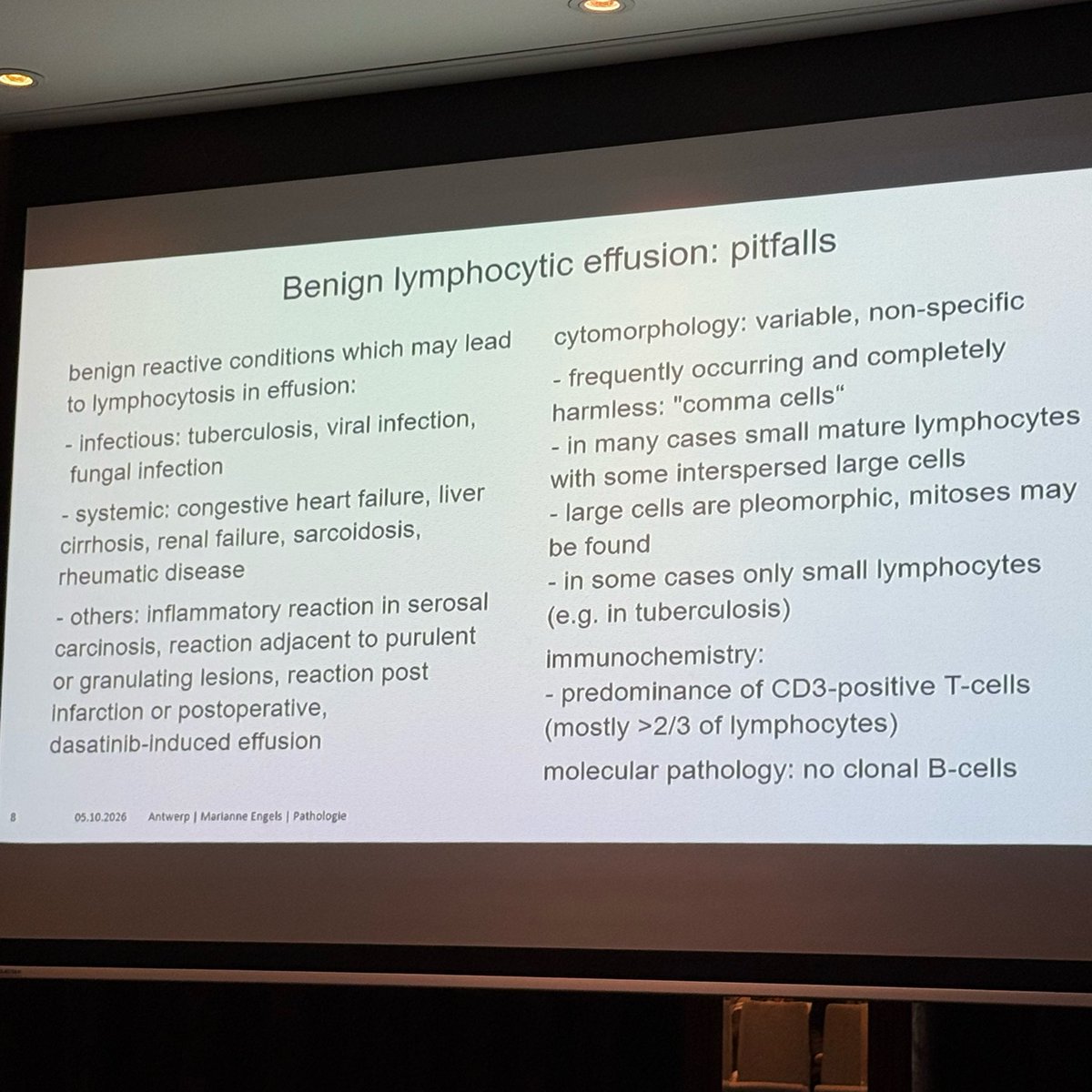 Sara_Jiang's tweet photo. Next up in this morning’s Benign Effusions session: Dr. Marianne Engels with high-yield tips on lymphocytic effusions! #ECC2026 @ESP_Pathology https://t.co/1puLPjUOJs