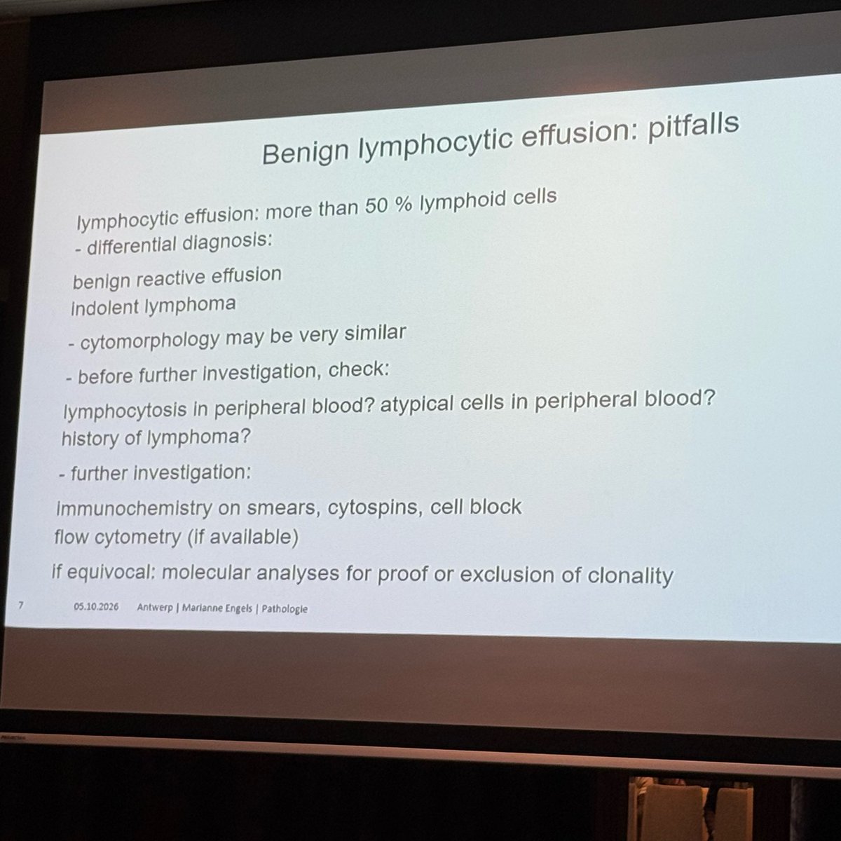 Sara_Jiang's tweet photo. Next up in this morning’s Benign Effusions session: Dr. Marianne Engels with high-yield tips on lymphocytic effusions! #ECC2026 @ESP_Pathology https://t.co/1puLPjUOJs