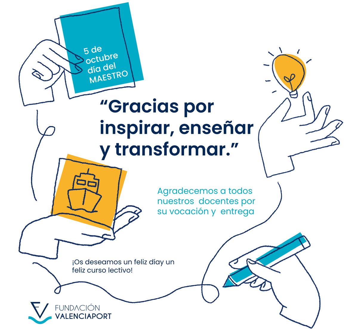 FValenciaport's tweet photo. 🎉 ¡Feliz Día del Maestro! ✍️⚓

Un año más, desde la Fundación Valenciaport queremos trasmitir nuestro agradecimiento a todo nuestro equipo de docentes.

Gracias por vuestro compromiso, pasión y rigor a la hora de transmitir el conocimiento que impulsa el #talento y transforma el futuro del sector logístico-portuario. 🚢🍃

¡Os deseamos un muy feliz día!

#DíadelMaestro #Formación #Training #TalentoPortuario #FundacionValenciaport #Logística