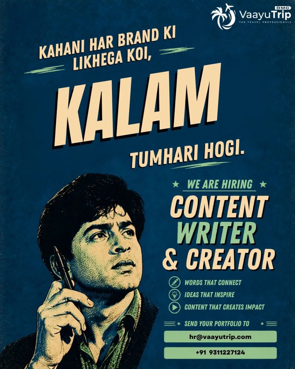 askndlmz's tweet photo. Kahani har brand ki hoti hai... likhega kaun? We’re looking for a content writer &amp; creator who turns ideas into impactful stories. If you write engaging content and bring fresh ideas to life, we want you on our team. Portfolio/CV: hr@vaayutrip. https://t.co/UbnQwF7sYr