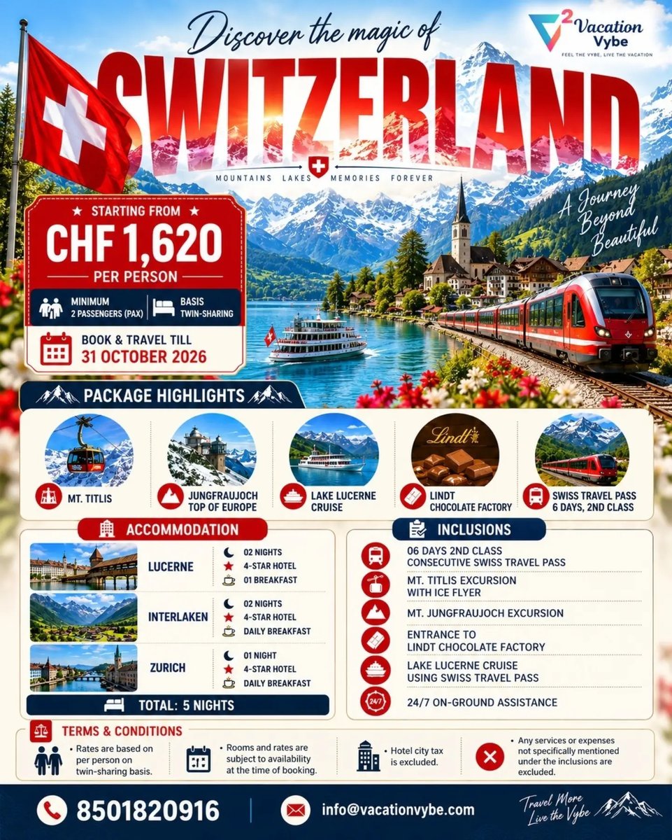 EdeltroPereira's tweet photo. Discover Switzerland’s breathtaking beauty: scenic train journeys, snow-covered peaks, Lake Lucerne, Jungfraujoch, and Swiss chocolate. Every moment becomes a lasting memory with Vacation Vybe. Call 8501820916 https://t.co/ljOXGFzzHe