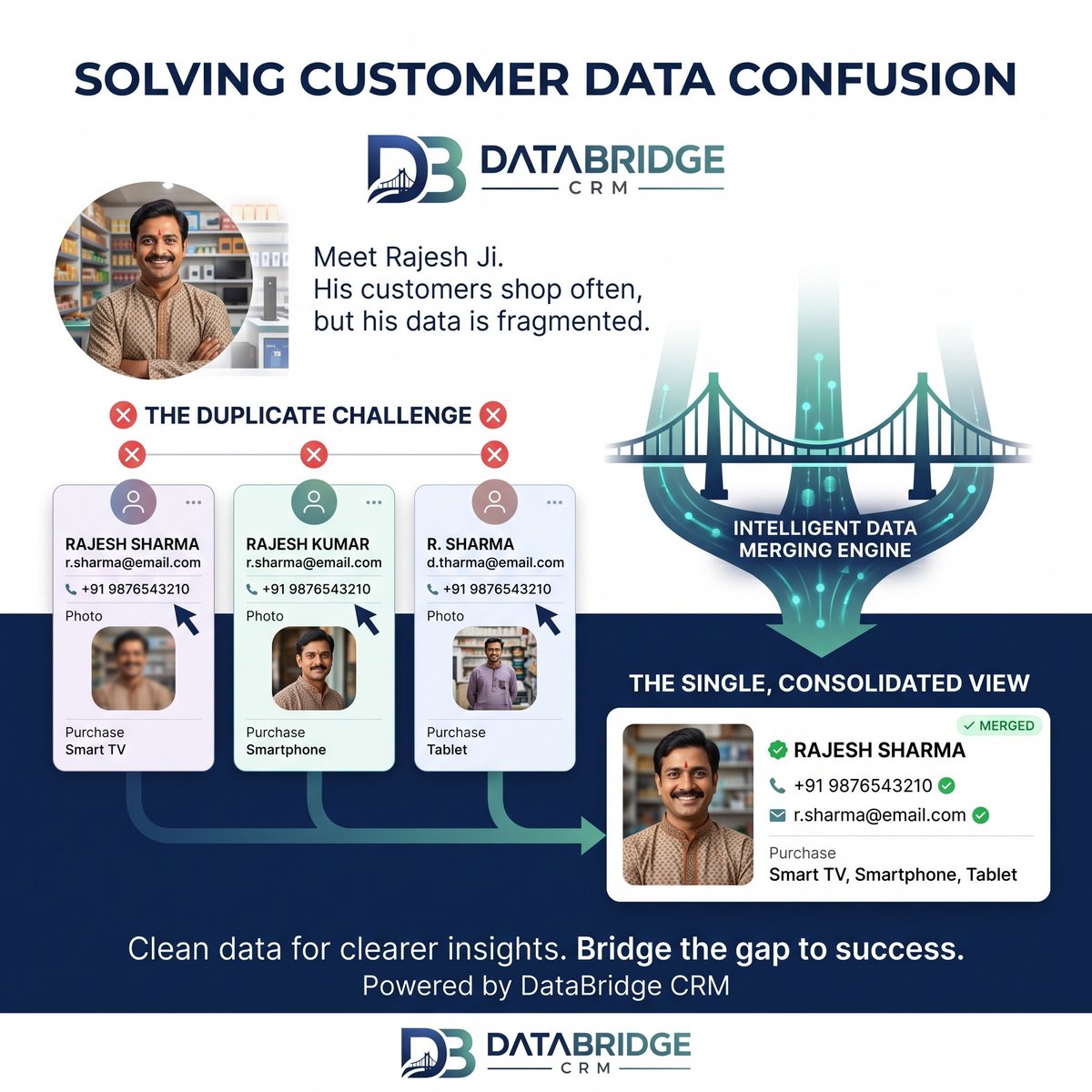 Databridge_crm's tweet photo. 👥 Customer data scattered hai? Ab confusion khatam!

Duplicate records ko merge karke ek clean, consolidated customer view paaiye. 🚀

DataBridge CRM — Clean Data. Better Insights.

#DataBridgeCRM #CRM #CustomerData https://t.co/QLUIBcDUxx