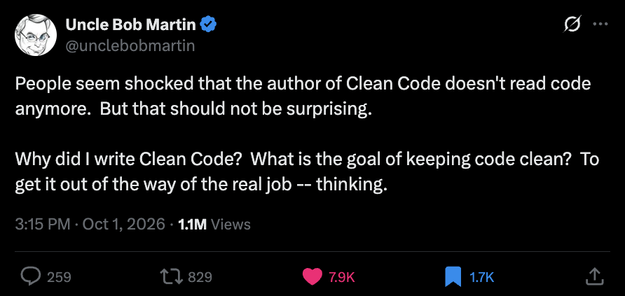 LeoBuilds_'s tweet photo. Uncle Bob says he doesn't read code anymore.

If we don't write code.
If we don't read code.

What exactly are software engineers supposed to do? https://t.co/yrCm1imqdN