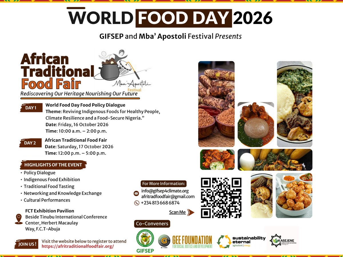 miketerungwa's tweet photo. African Traditional Food Fair
Join #GIFSEP and partners for #WorldFoodDay2026
Register Here: https://t.co/wQoilDiZk8
Day 1. 16 October 2026-World Food Day Food-Policy Dialogue
Day 2. 17 October 2026-African Traditional Food Fair
#Adapt2Live
#HappyNewWeek
Amen
Teachers https://t.co/LWi39uIewv