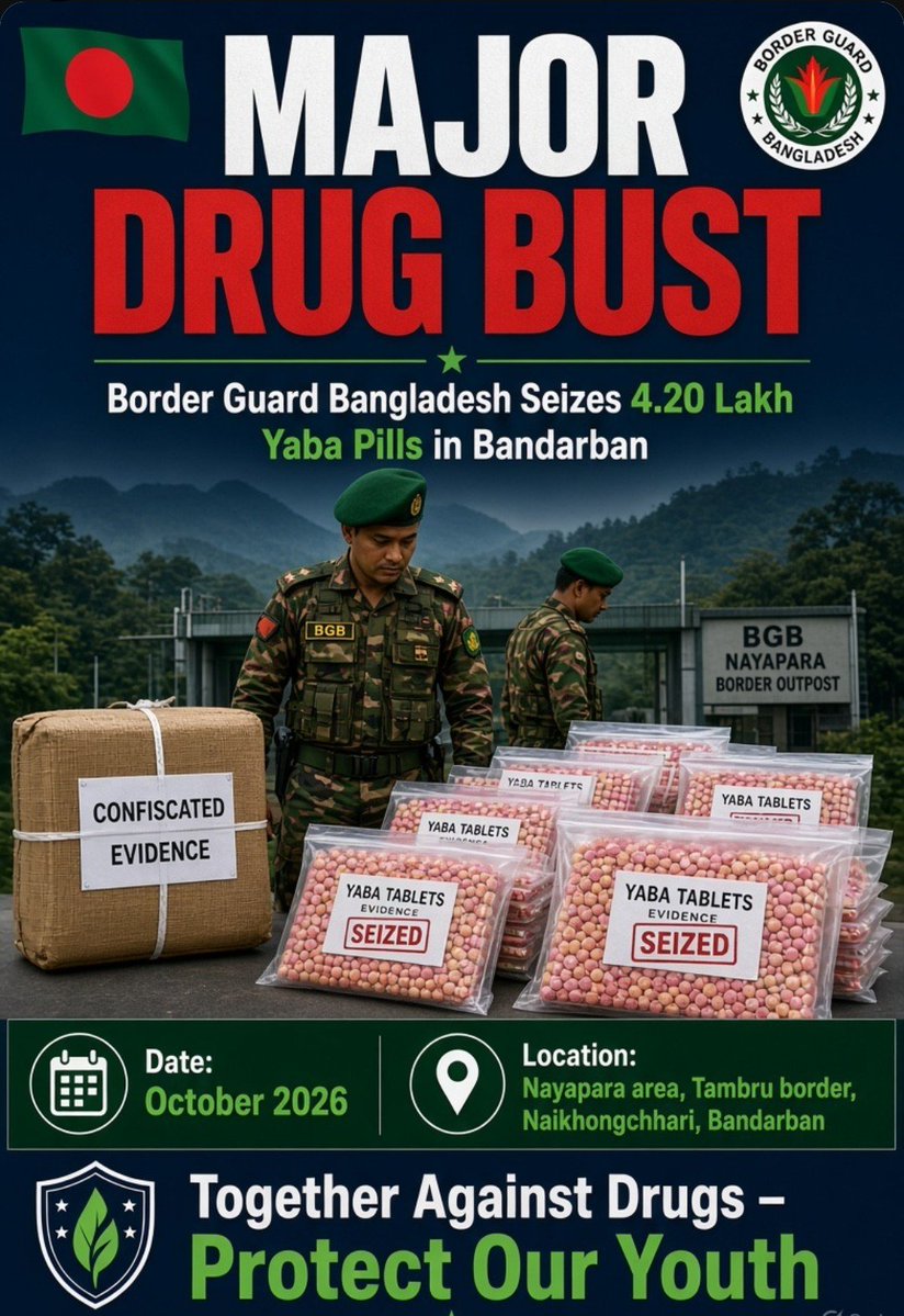 Bangla_Guardian's tweet photo. Border Guard Bangladesh reportedly seized 4.20 lakh yaba pills in Bandarban, striking a major blow against drug trafficking and protecting communities. Strong action is vital. #Bangladesh #BGB #DrugFreeBangladesh #StopDrugs https://t.co/qxwtJsVNjc