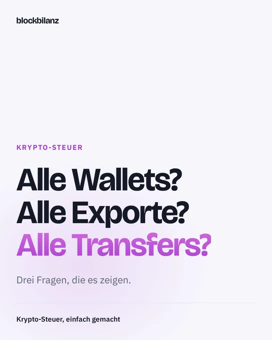 Krypto-Steuer. Alle Wallets? Alle Exporte? Alle Transfers? Drei Fragen, die es zeigen. Heller Hintergrund mit Magenta-Schein, letzte Zeile im Magenta-Verlauf.
