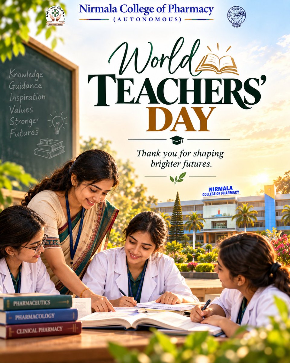 NirmalaPharmacy's tweet photo. 👩🏫 WORLD TEACHERS’ DAY | 5 OCTOBER 📚
Teachers do more than share knowledge — they inspire curiosity, build confidence, shape character and guide generations toward a brighter future
#WorldTeachersDay #TeachersDay #ThankYouTeachers #Education #Inspire #Guide #FuturePharmacists https://t.co/xdnSddHrIV