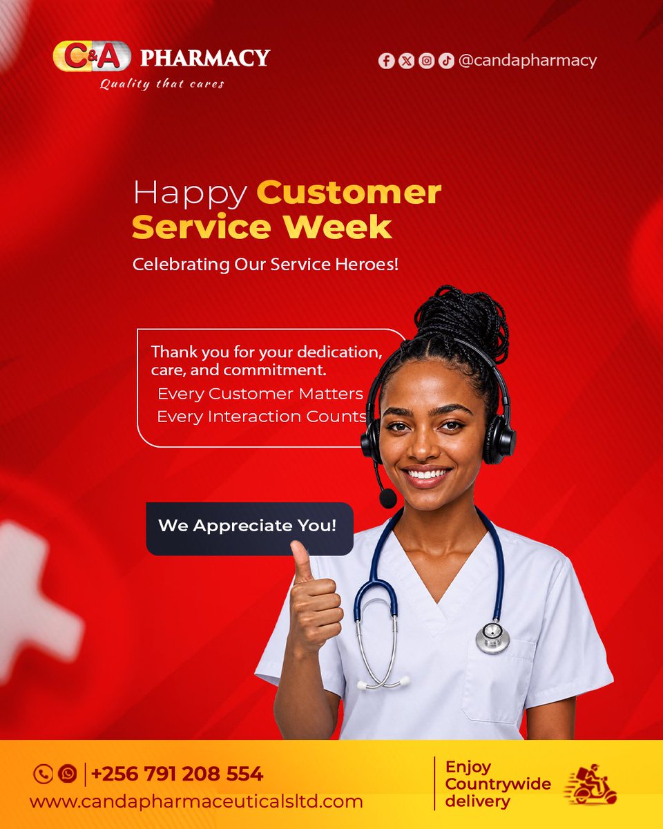 CandAPharmacy's tweet photo. Every customer matters. Every interaction counts. ❤️💛
Happy Customer Service Week to our C&amp;A Pharmacy service heroes! 🙌
#CandAPharmacy #CustomerServiceWeek #QualityThatCares
#Uganda https://t.co/Z3vp38XlVy