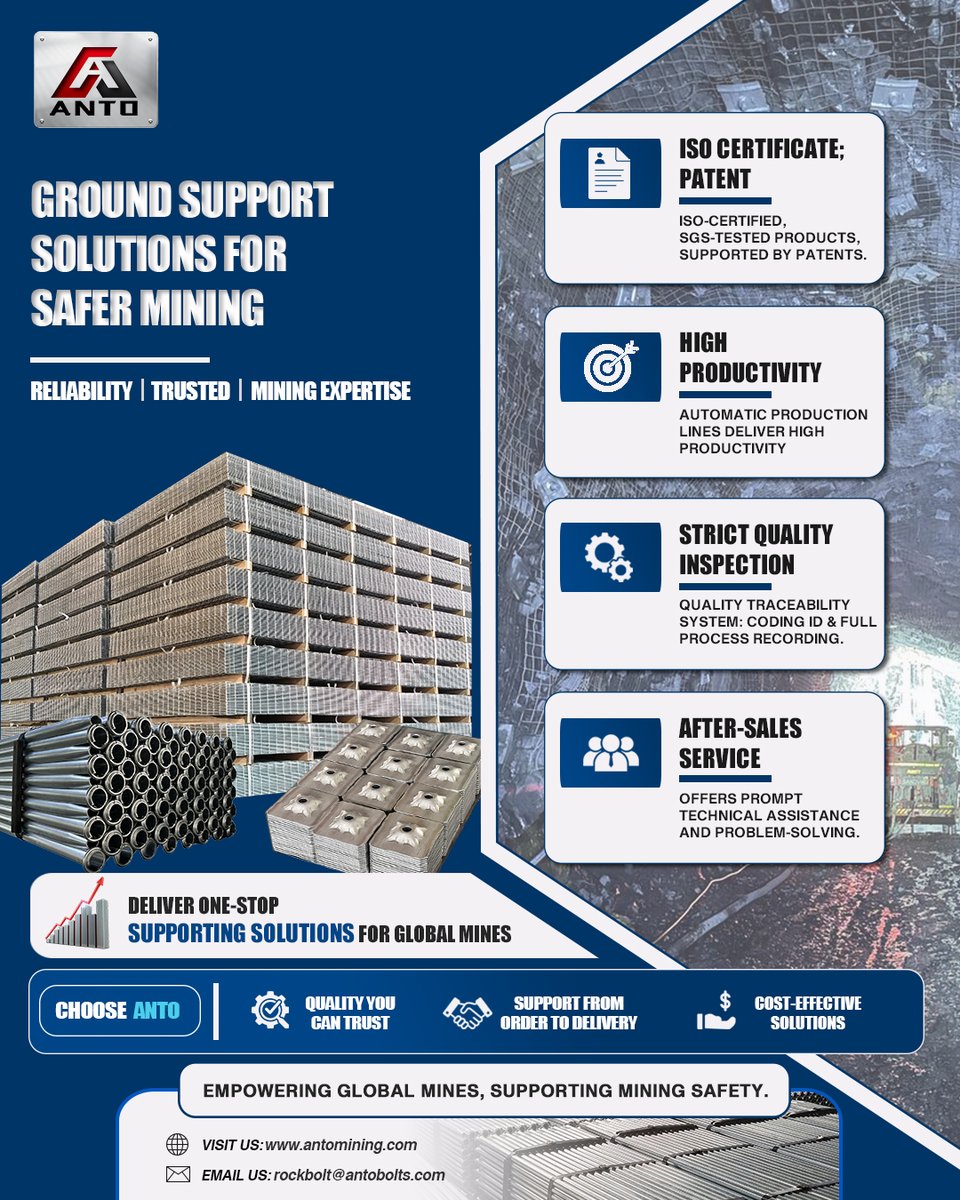 ANTObolts's tweet photo. Ground support you can rely on. ANTO — ISO-certified, SGS-tested rock bolts &amp; mining plates for global mines. 
#miningengineering #miningequipment #miningsafety #manufacturing #mineralindustry #miningtechnology #coalmining #rockbolt #tunnels https://t.co/GCDZIdv8nw