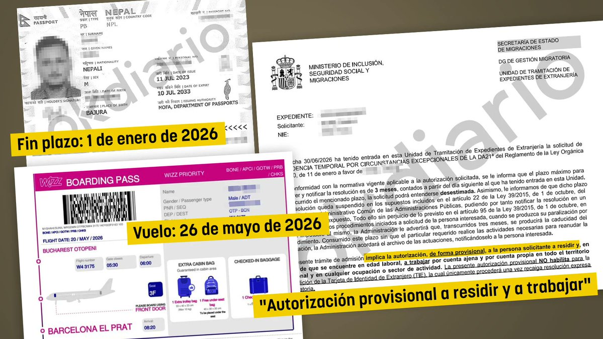 pabloharour's tweet photo. Migraciones ha dado papeles a un nepalí de 24 años cuyo vuelo de Bucarest a Barcelona es del 20 de mayo de 2026, casi cinco meses después del límite del 1 de enero

Y ASÍ TODO

https://t.co/pOl5j7zMDy https://t.co/U9xSGO48HL