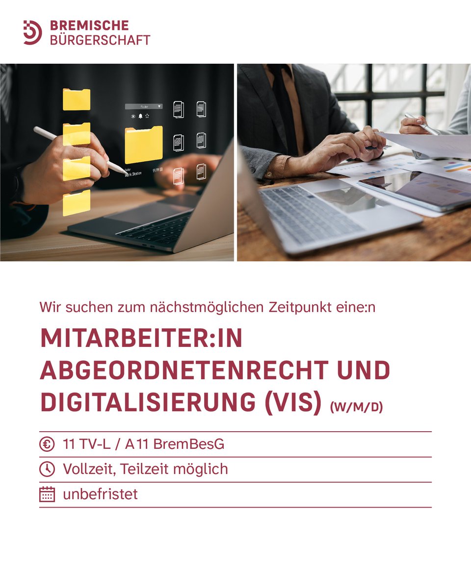 HBBuergerschaft's tweet photo. 💡 Du hast Lust, abwechslungsreiche Aufgaben im Zentrum der Landespolitik wahrzunehmen? Sehr gut, denn wir suchen eine:n Mitarbeiter:in in den Bereichen Abgeordnetenrecht und Digitalisierung! Zur vollständigen Stellenausschreibung geht es hier: https://t.co/3m8XQxR8Bv https://t.co/Ramzst9z0d