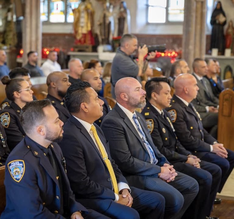 NYPD76Pct's tweet photo. Members of the 76th Precinct gathered for a Memorial Mass commemorating the 10th anniversary of the passing of Police Officer George Davino.

Officer Davino proudly served the 76th Precinct and was a dedicated PBA Delegate. We honored his service, dedication, and lasting legacy. https://t.co/pYhkud8DHd