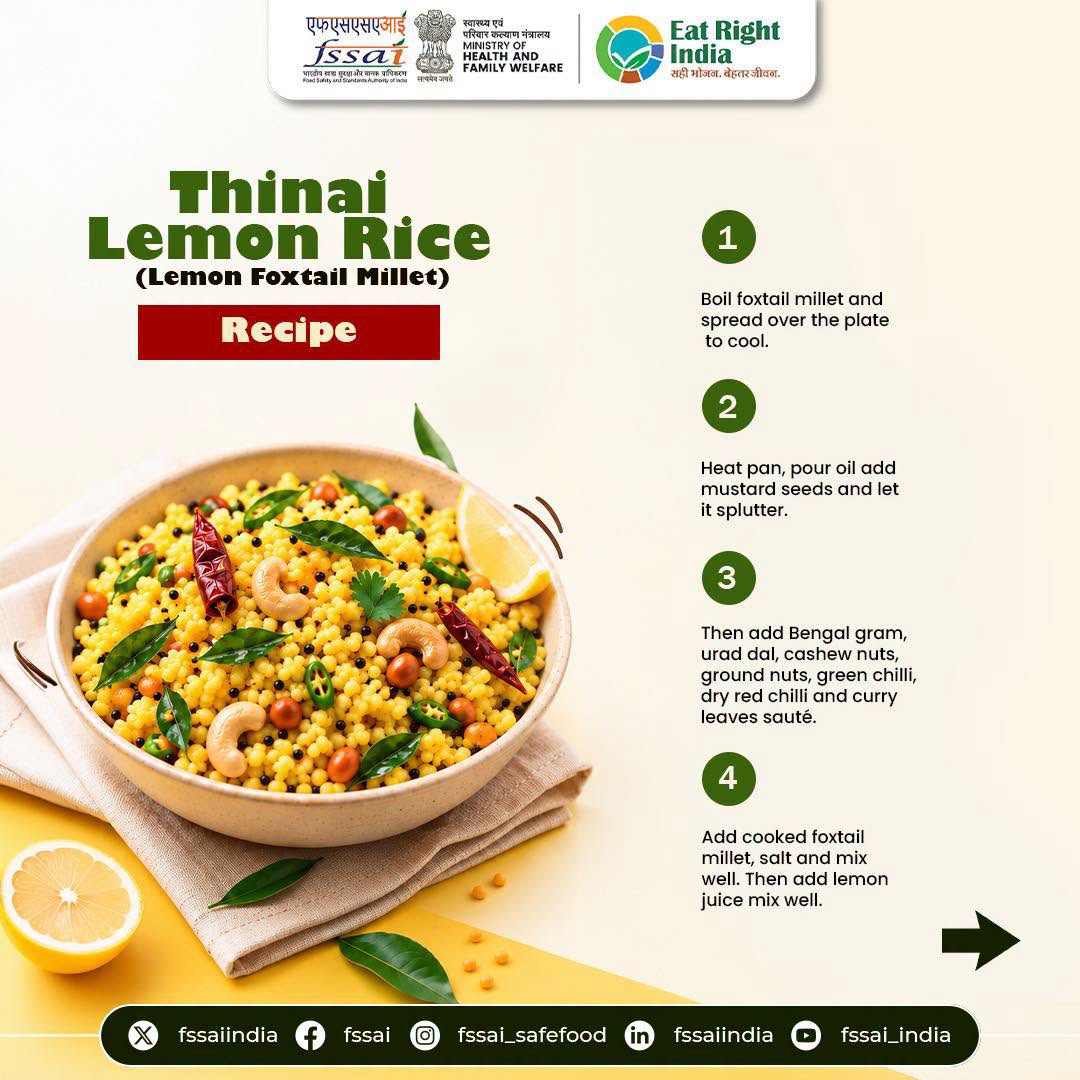 EastKvk's tweet photo. Give your everyday meal a millet twist with Thinai Lemon Rice! Made with foxtail millet, fresh lemon and crunchy roasted nuts, try this simple South Indian classic, packed with flavour.
#icar
#atari_zonevii
#cauimphal
#SHS2026
#SwachhtaHiSeva2026
@SwachhBharat
@SwachhBharatGov https://t.co/IOTfVAOVWm