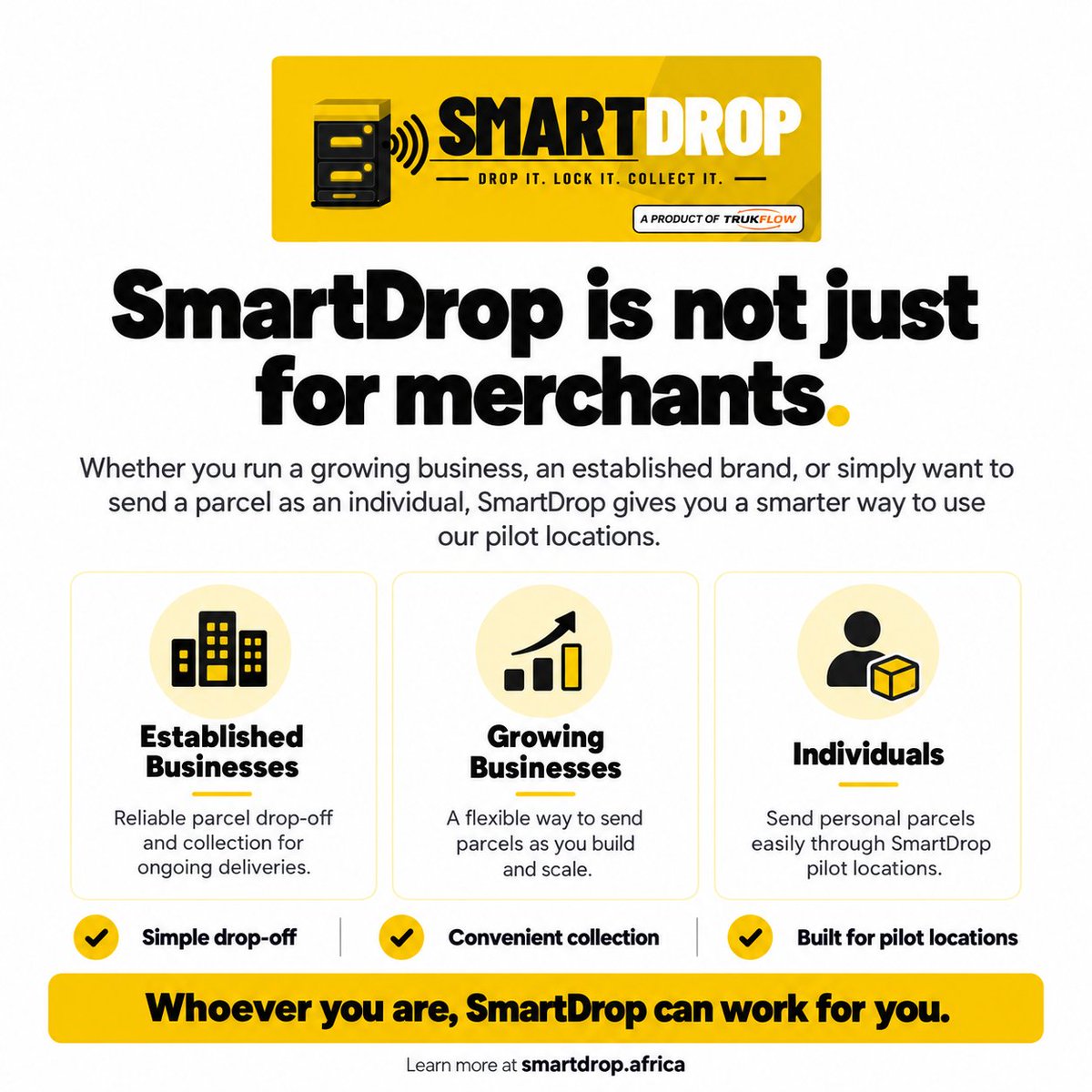 Trukflow's tweet photo. SmartDrop isn’t just for merchants.
Established business? Growing startup? Sending a personal parcel?
SmartDrop is being built to work for all three. 📦
Simple drop-off. Convenient collection. A smarter way to send.
Learn more: https://t.co/zCLWMYWVXf
#SmartDrop #SmartLockers https://t.co/HmURPZIrIn