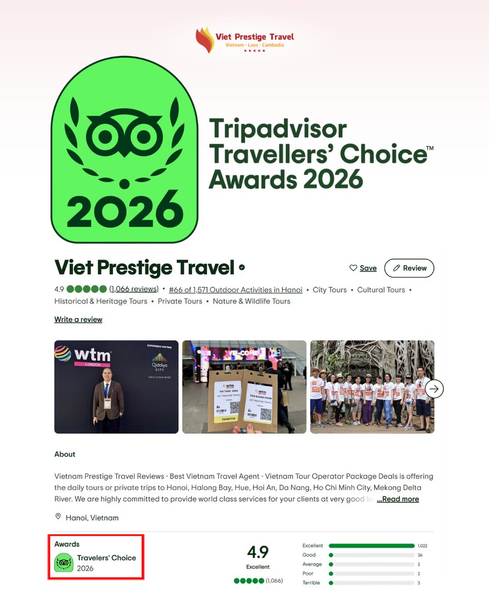 De4028's tweet photo. Honored to receive the 2026 Tripadvisor Travellers’ Choice Award for Explore Indochina. Thank you to our guests, partners, guides, porters, and supporters. Your trust inspires unforgettable journeys. https://t.co/4LGMrpJPYM