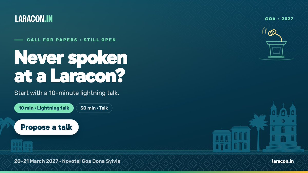 LaraconIN's tweet photo. The Call for Papers for Laracon India 2027 is still open.

Never spoken at a Laracon? Start with a 10-minute lightning talk. One idea, one lesson, one thing you built.

You do not need a big topic to get on stage.

30-minute talks are open too.

🔗 https://t.co/pFOztGUcix https://t.co/OpgIpHeuHz