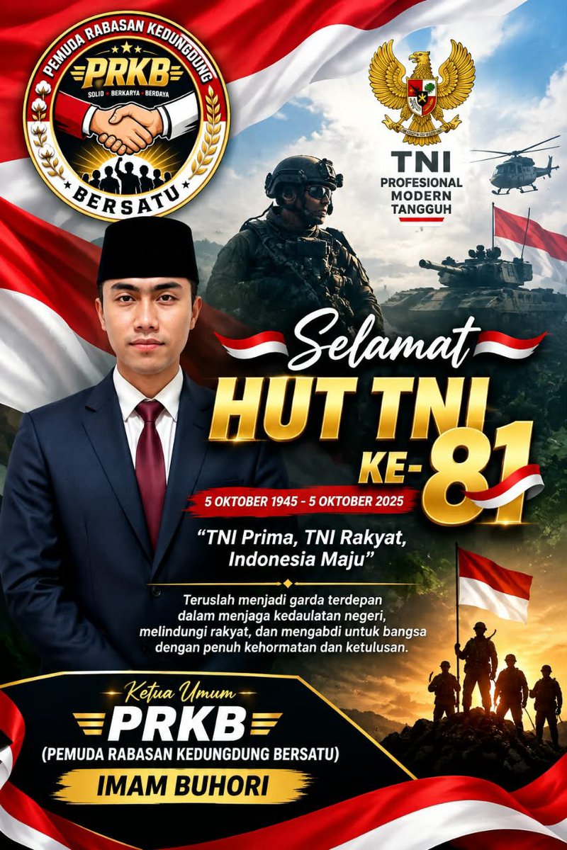 BangkitSurabaya's tweet photo. PRKB: Dirgahayu TNI ke-81, TNI Bersama Rakyat

Ketua Umum PRKB (Pemuda Rabasan Kedungdung Bersatu), Imam Buhori, menyampaikan ucapan selamat dan penghormatan kepada seluruh keluarga besar Tentara Nasional Indonesia (TNI) dalam rangka memperingati Hari Ulang Tahun (HUT) TNI Ke-81. https://t.co/Tn4T3LItle