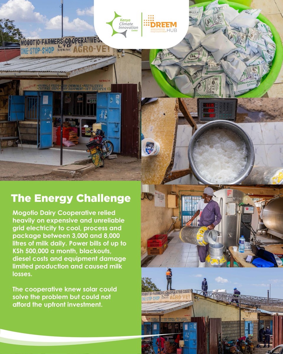 KenyaCIC's tweet photo. With bills of up to KSh 500,000 a month and blackouts that slowed processing, damaged equipment and increased operational costs, Mogotio Dairy Cooperative knew solar was the answer to its power problem. What stood in the way was the upfront cost. https://t.co/nC07yCpB9R