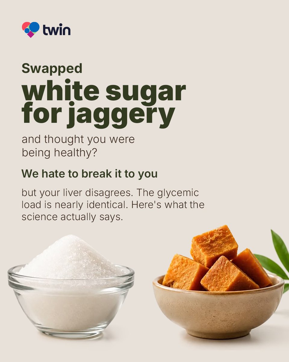 twinhealthindia's tweet photo. Myth: Replacing white sugar with jaggery will prevent blood sugar spikes.Fact: Jaggery has a nearly identical glycemic load to refined sugar! Your liver processes both as simple glucose.#MythBusting #JaggeryVsSugar #DiabetesMyths #TwinHealth #MetabolicHealth https://t.co/KOWIXxE8Dl