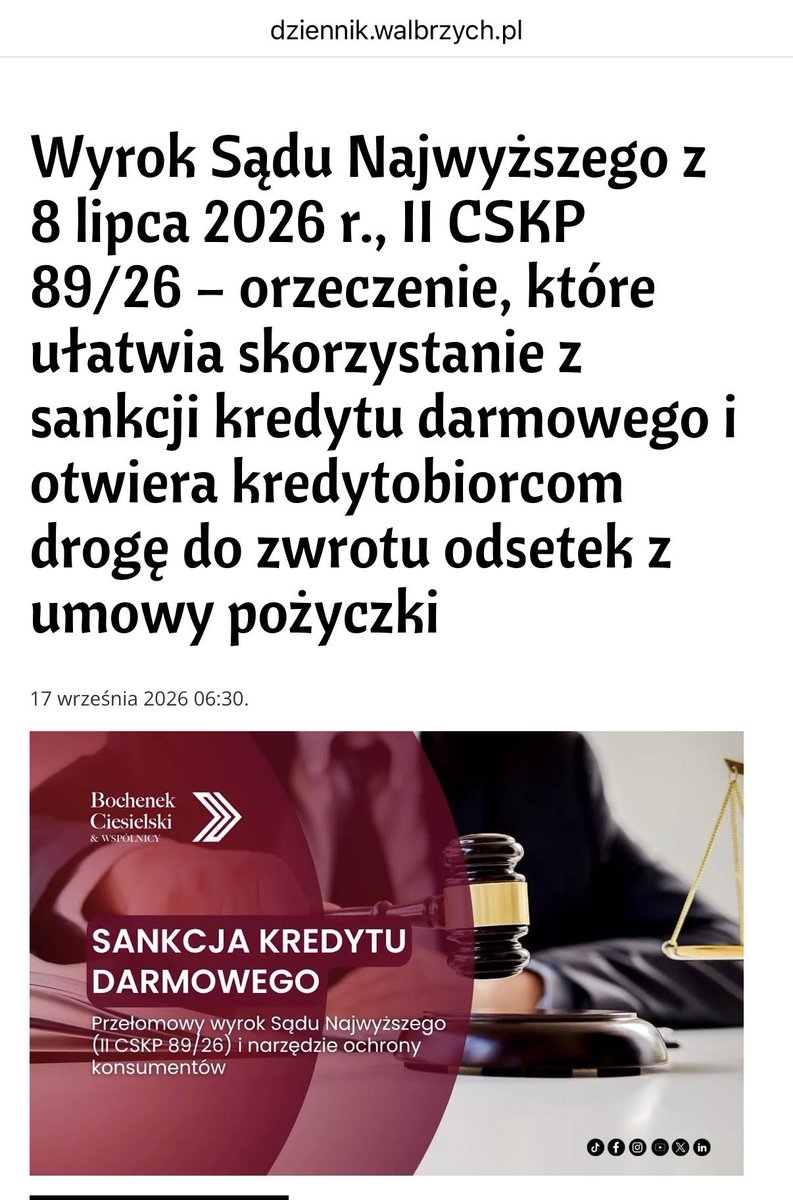 DagmaraBrsa's tweet photo. Mocny tekst mec. Artura Gryza o wyroku SN z 8.07.2026 r. w sprawie SKD! To ważny sygnał dla kredytobiorców: wadliwa umowa może oznaczać realną szansę na odzyskanie odsetek i kosztów kredytu. Warto przeczytać i znać swoje prawa! #SKD #kredyty https://t.co/GSMfys5lFo