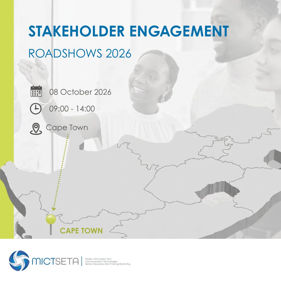 MictSeta's tweet photo. Western Cape, it’s your turn!
The 2026 @MictSeta Stakeholder Engagement Roadshow heads to Cape Town for the final stop of the series.

Join the conversation on the developments shaping skills development across SAs Media &amp; ICT sector.

📅08 October 2026 |⏰09h00–14h00

#MICTSETA https://t.co/MF9kNDEDh4
