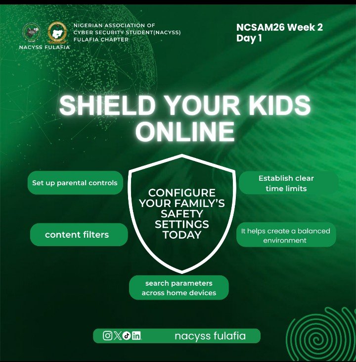NACYSSFULAFIA's tweet photo. Protect your peace of mind and your kids digital footprint!🛡️

Technology is a big part of kids’ lives. Take a few minutes today to configure your family’s safety settings and help keep them safer online. 💻🔒

— NACYSS FULAFIA 🇳🇬

#CyberSecurity #shieldyourkids #cyberawareness https://t.co/VtQvvmhAd5