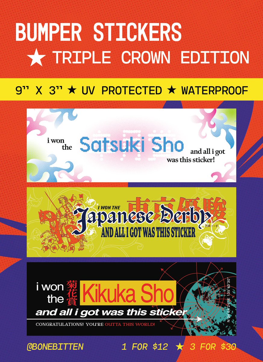bonebitten's tweet photo. celebrate your TRIPLE CROWN WINS with durable waterproof BUMPER STICKERS! ★ ★ ★

debuting on sunday oct 25 at cosplay trackside! ill be at table 29 #umamusume https://t.co/jQZZr1UgwH