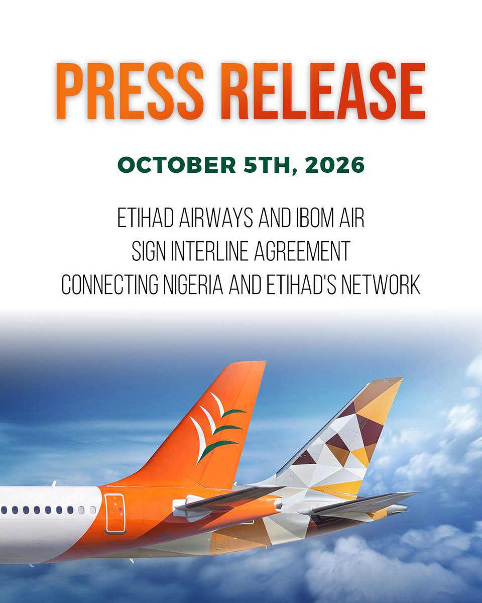 ibomairlines's tweet photo. Etihad Airways and Ibom Air sign interline agreement connecting Nigeria and Etihad's network 

Travellers will reach Abuja, Uyo, Port Harcourt, Calabar and Enugu on a single ticket from the launch of Etihad's Accra and Lagos services in March 2027 https://t.co/LUDQaEfUY2